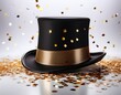© Clayton - sparkling black top hat adorned with a gold ribbon and scattered gold confetti isolated on white background