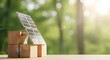 © Meritton - Sustainable Energy Concept miniature solar panels on wooden blocks against blurred forest background ideal for environmental awareness and renewable energy marketing.