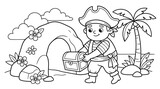 Cartoon pirate boy holding treasure chest near palm tree