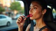 © Danil Bukharov - Latin woman applying wide bold red lipstick in car mirror, steady precise motion, blurred city street bokeh through window behind, warm afternoon light