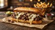 © SunSpirit - Classic cheesesteak with steak, cheese, and onions served on a toasted hoagie roll with french fries on a rustic table