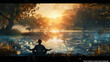 © mian - Person meditating in peaceful nature landscape at sunset by a calm lake