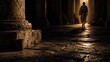 © Svitlana Vorotniak - Healed man walking with his mat away from Bethesda pool after miracle of Jesus. Silhouette in glowing light among ancient stone columns of Jerusalem colonnade.