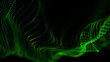 © Alina - Abstract green particle wave made of glowing dots and flowing curved lines on a black background, creating a futuristic digital motion effect. Dynamic technology backdrop.