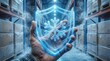 © Gibster - Cold chain storage logistics warehouse with refrigerated transport concept showing frozen protection in hand