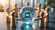 © AADigitalArts - Human centric artificial intelligence concept featuring wooden figures united around a glowing AI microchip sphere