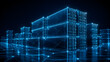 © Loki_Creo - Stacked shipping container yard at night in glowing blue low poly wireframe network style illustration