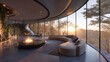 © Sergey - extraordinary circular luxury room with curved panoramic glass walls, elegant curved sofa following the architecture, central sculptural fireplace