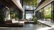 © Sergey - extraordinary luxury residence with a natural waterfall flowing through the interior courtyard, floor to ceiling glass walls, dark natural stone