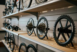 Cycling maintenance and bicycle repair, bike parts and gear components displayed on retail store shelves for professional service and mechanical tuning