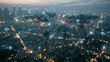 © Pug - Aerial view of a city illuminated at night, featuring a digital network overlay connecting different areas, symbolizing global connectivity through technology and urban development