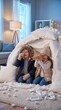 © benjamin - Two children, a boy and a girl, are playing inside a blanket fort at home, using a magnifying glass and a cardboard tube for exploration. The scene is illuminated by soft, ambient lighting.