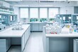 © antonio - Empty modern laboratory interior with white benches, glassware, reagent bottles and equipment