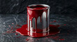 © Mahmuda - Red paint dripping down metal can | Glossy crimson paint spilling on black stone | Creative liquid art on dark textured background | Home renovation and interior design painting concept