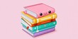 © Anastasiya - Cute stack of colorful books with a smiling face on top, pastel pink background, playful cartoon style, cheerful and whimsical mood.