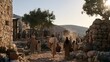 © Trendy Graphics - Ancient village scene with people carrying baskets on a dusty road at sunset