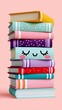 © Anastasiya - A colorful stack of books with playful designs, including one with a cute smiling face, set against a soft pink background in a cheerful, whimsical style.