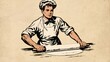 © Gatherina - Chef man rolling dough in retro style illustration