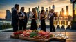 © pakawan - City rooftop gathering of people for a sunset aperitivo with charcuterie and champagne.