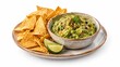 © YURII - Guacamole con Totopos green avocado dip with golden corn tortilla chips isolated on white background