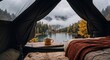 © Rahmat - Cozy autumn glamping adventure and peaceful travel retreat with a view from inside a tent overlooking a misty mountain lake and yellow forest