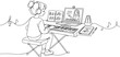 © Soyaiba - Continuous line of a young woman playing a digital piano keyboard while following an online music lesson on a laptop, featuring musical notes and a metronome on the desk