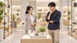 © Stock Photo - 清潔な小売店で来訪者に商品を案内する受付担当者