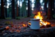 © kornc - Campfire with a metal cup on a log in a forest during dusk.