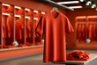 © Oleg - Shirt hanging in a sports locker room with orange theme and neatly arranged sportswear