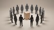© Zio - Abstract 3D Render of Diverse Human Silhouettes Standing in a Circle Around a Central Wooden Cube Symbolizing Collaboration and Unity