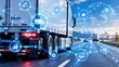 © 현욱 김 - Rear view of a white semi-truck on a highway, featuring glowing plexus network graphics for smart logistics and fleet management.