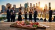 © phongsathon - A sunset aperitivo with champagne and charcuterie featuring people gathering on a city rooftop.