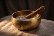 © akram - Golden Tibetan singing bowl with wooden mallet and water ripples inside, warm light on linen, sound healing concept