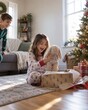 © Serjio - Celebración de Navidad en casa con niños abriendo regalos y disfrutando de momentos alegres