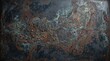 © dm - Detailed view of a weathered metal surface with patches of orange rust and teal green oxidation on a dark steel background texture