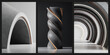 © soyibakter - Minimalist architectural forms with twisted column and curved arch on dark background