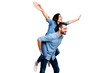© deagreez - Close up side profile photo funky cheer she her he him his couple lady guy best friends piggyback ride pretend fly plane wear casual jeans denim shirts outfit clothes isolated light grey background