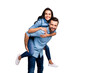 © deagreez - Close up side profile photo funky she her he him his couple lady guy piggyback ride go walk highway adventures soul mood wear casual jeans denim shirts outfit clothes isolated light grey background