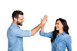 © deagreez - Close up side profile photo amazing she her he him his couple lady guy clapping hands arms teamwork bonding good job work wear casual jeans denim shirts outfit clothes isolated grey background