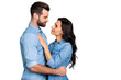 © deagreez - Profile side view photo of charming handsome affectionate casual spouses married delighted dressed in blue denim clothing isolated on grey background