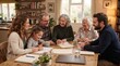 © Lucas - A multi-generational family gathers around a wooden table, engaged in conversation and shared activity, fostering a warm and connected atmosphere.