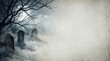© cychAiStudio   - Spooky Halloween Graveyard Background with Moonlit Foggy Cemetery, Tombstones and Gnarled Branches, Minimalist Corner Banner Composition with Large Copy Space for Poster Design