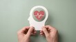 © MdNazrulIslam - A person holding a paper cutout of a human head silhouette with a red heart and heartbeat line inside representing mental health and