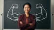 © Masque - Confident young person posing with crossed arms in front of a large chalk muscle drawing on a blackboard.