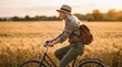 © Panuwat - Smiling mature woman with gray hair rides a bicycle through a golden field.
