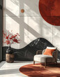 © lee changhwan - Modern luxury oriental lounge interior with modern armchair, terracotta sun wall art, and red berry vase with copy space