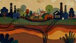 © AEMAEM - Industrial city landscape with factories trees and underground pipes gouache illustration