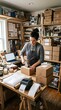 © Matt - Woman packing orders in a small business workshop with shelves of supplies
