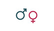 © MS - Blue male mars symbol and pink female venus symbol representing gender equality are depicted side by side on a plain white background.