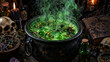 © Bilal - Dark fantasy witch's cauldron bubbling with green potion and smoke, surrounded by occult objects, skull, spellbook, and candles on a wooden table, mystical Halloween scene